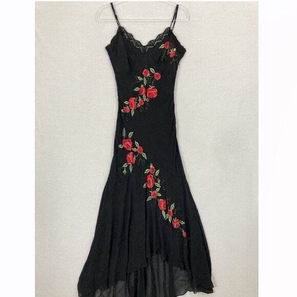 Vintage Sue Wong Silk Beaded Red Rose Embroidered Lace Maxi Dress size 6 Y2K - Picture 1 of 13